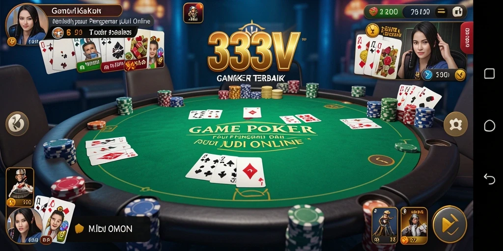Screenshot utama 333V yang menunjukkan momen seru permainan poker.