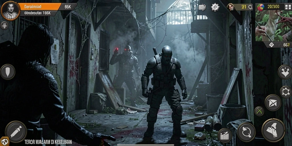 Screenshot menampilkan suasana menyeramkan gameplay 66K yang menegangkan.