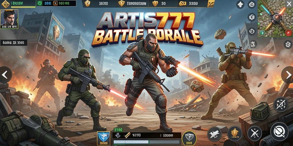 Screenshot utama ARTIS777 menampilkan aksi seru dalam pertempuran Battle Royale.