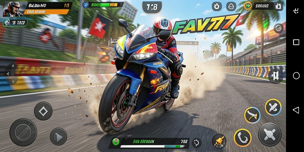 Screenshot utama FAV77 menampilkan aksi balapan motor yang mendebarkan.