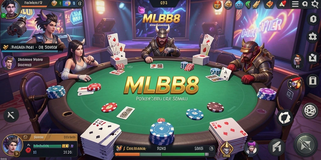 Screenshot utama MLBB8 menampilkan gameplay Poker yang mendebarkan.