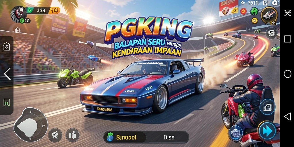 Tampilan gameplay PGKING yang mendebarkan dengan balapan seru di lintasan.