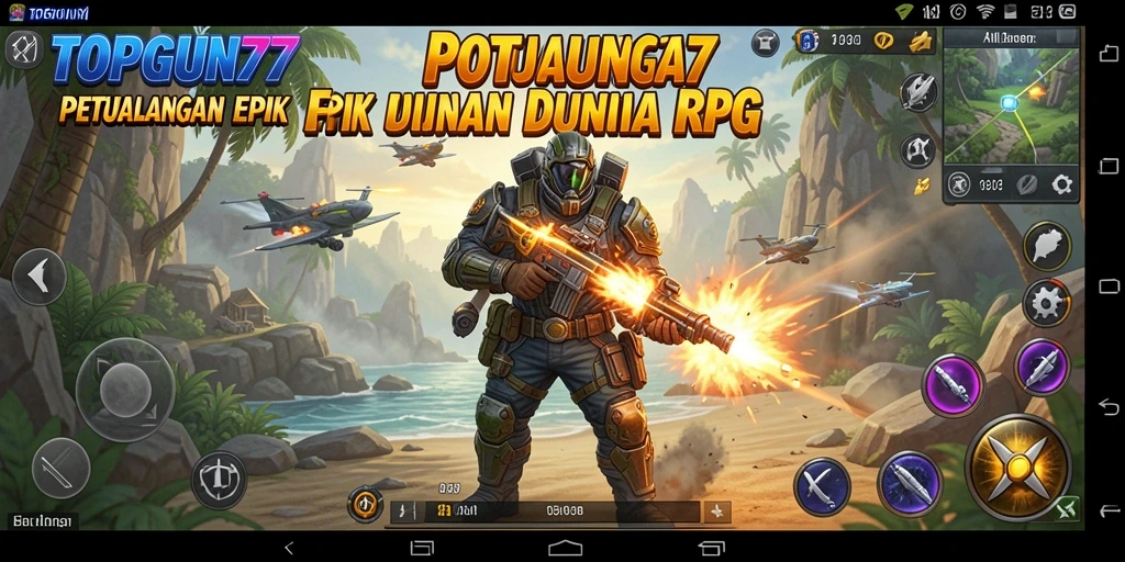 Tangkapan layar utama dari gameplay RPG TOPGUN77 yang menampilkan aksi seru.