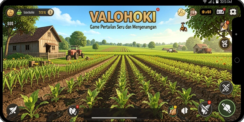 Screenshot VALOHOKI menampilkan suasana ladang dengan berbagai tanaman dan hewan.